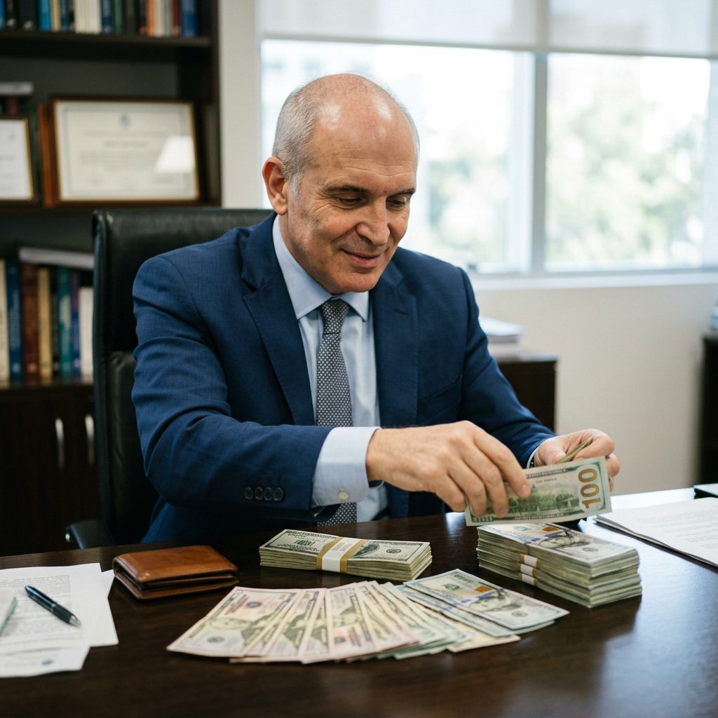 Businessman in office counting stacks of hundred-dollar bills
