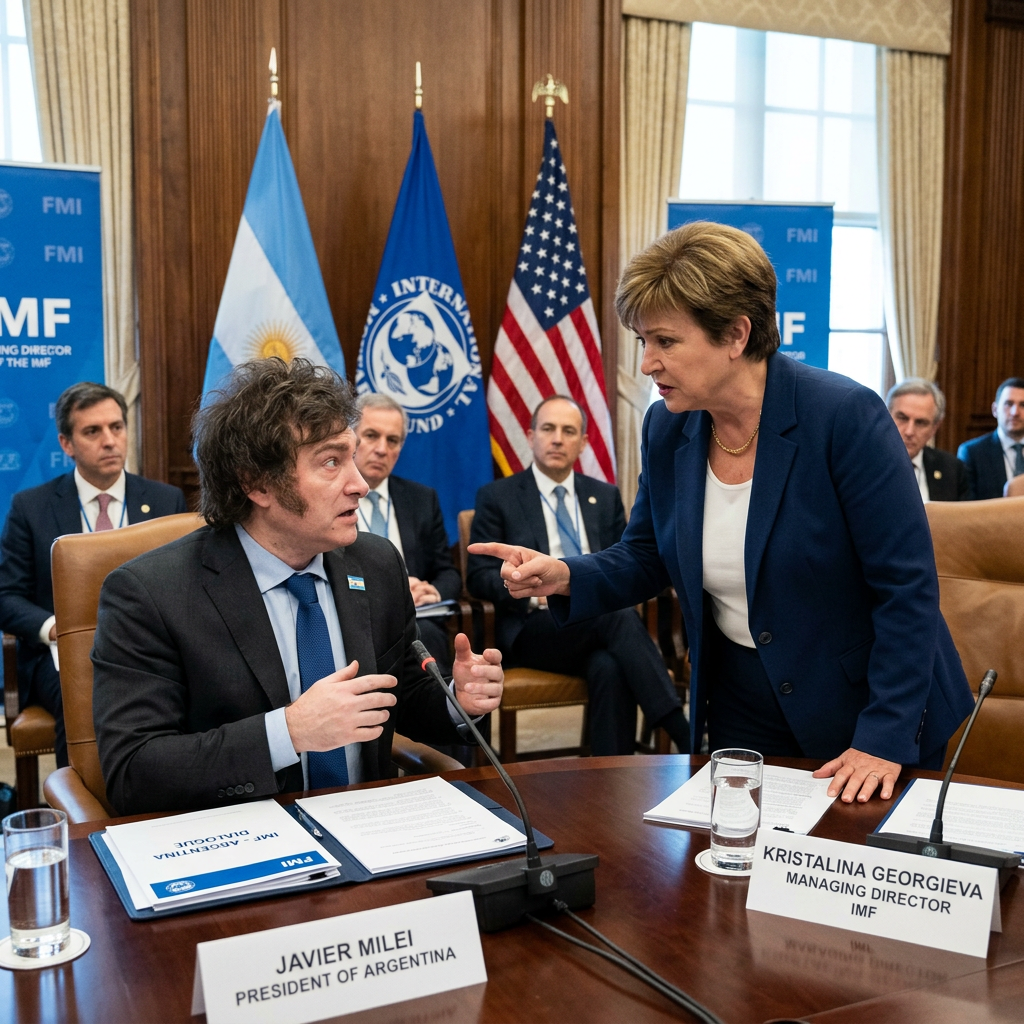 Kristalina Georgieva and Javier Milei in discussion at IMF meeting with flags and officials in background